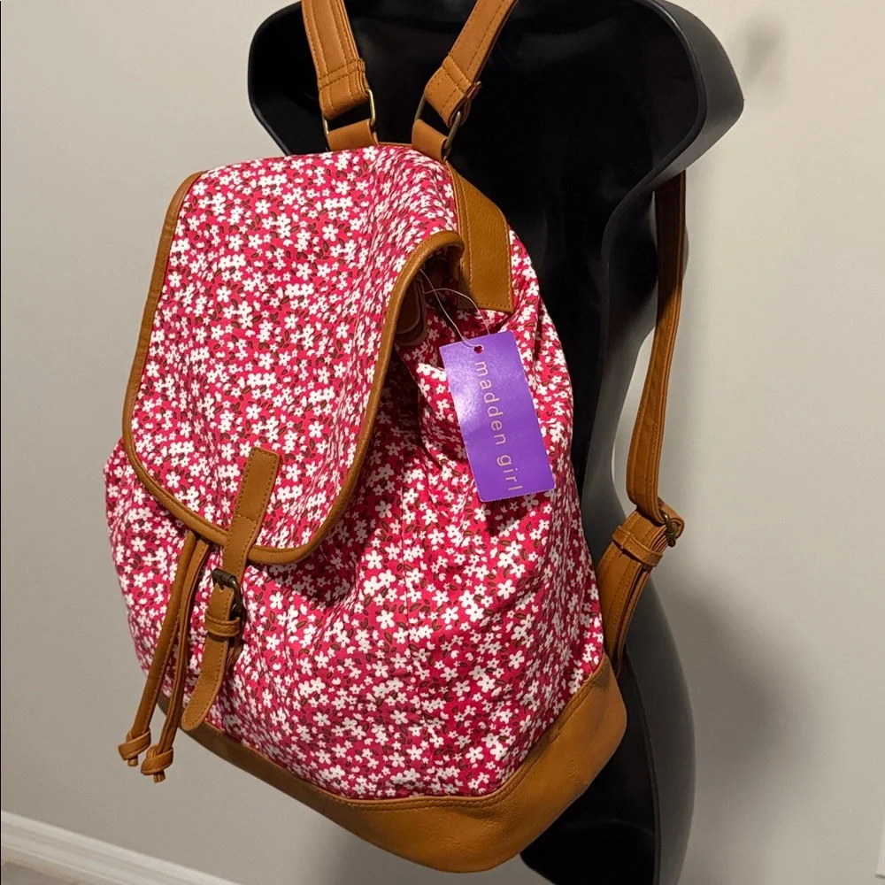 Madden Girl Red Floral Canvas Backpack with Tan Trim